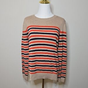 Talbots Orange Navy Tan Striped Crew Neck Sweater Coastal Nautical Preppy Preppy